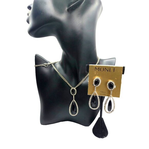 Monet Black Rhinestone Necklace & Earrings Set New Old Stock Vintage Clip Ons - Picture 1 of 7